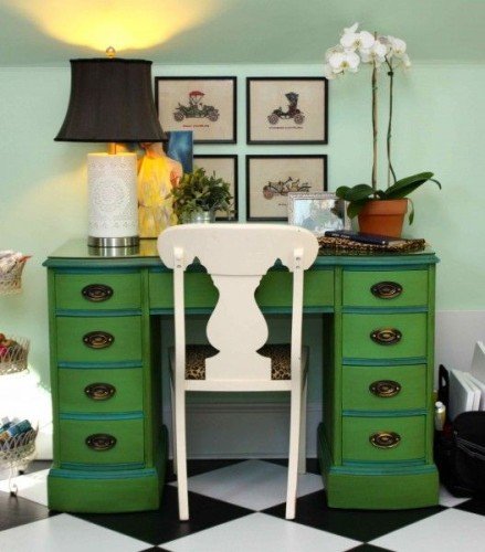 playingsubmlimely desk was painted in Antibes Green the trim and accents in Provence then one coat of Annie Sloans dark brown wax