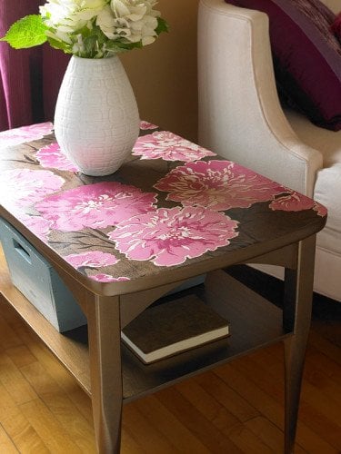 vintage looking table top using wallpaper scraps