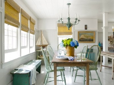 khaki colored blinds at antique-farm-table- country living