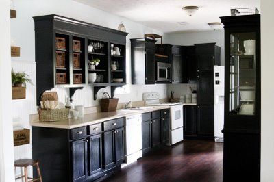 Black cabinets with blue wall color