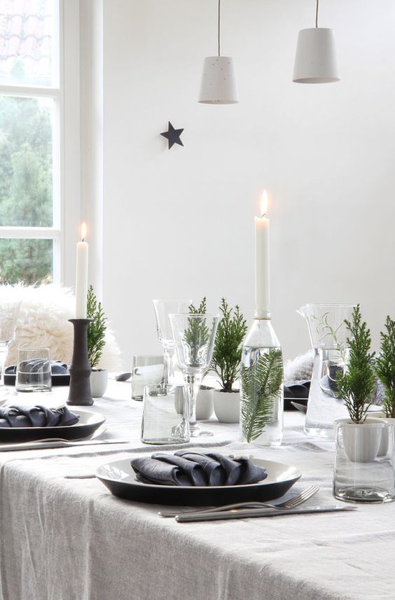 simple white table cloth with greenery