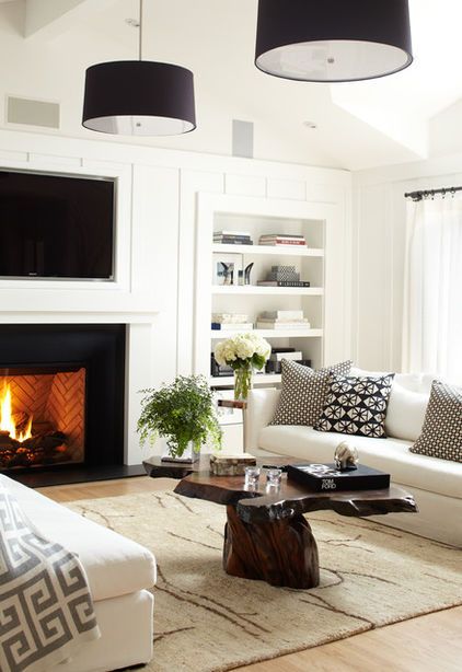 black and white theme in living room and kitchen