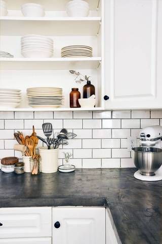 countertop ideas white subway tile and black concrete counter