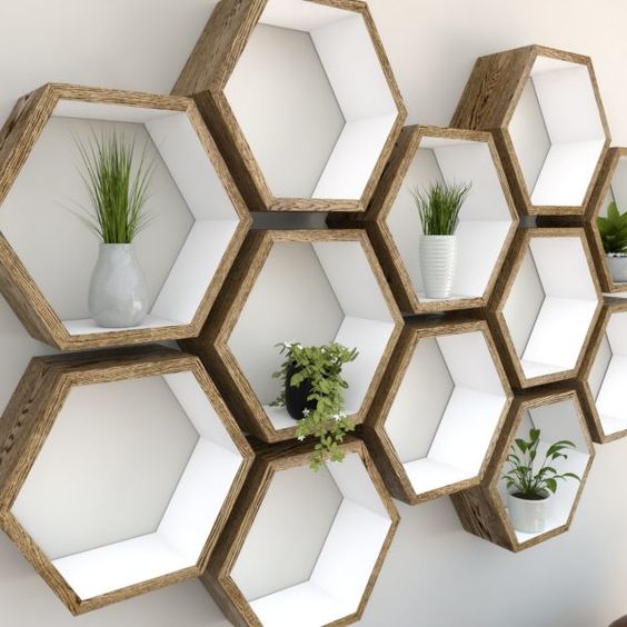 Hexagon shelves inside white painted outside dark oak