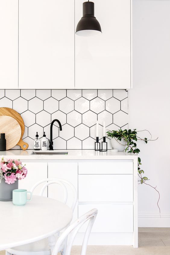 White Hexagon Floor Tile Grey Grout