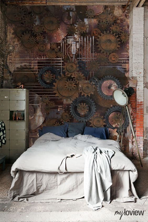 22 Awesome and Creative Steampunk Bedroom Ideas - 11. A Wall Full Of Gears