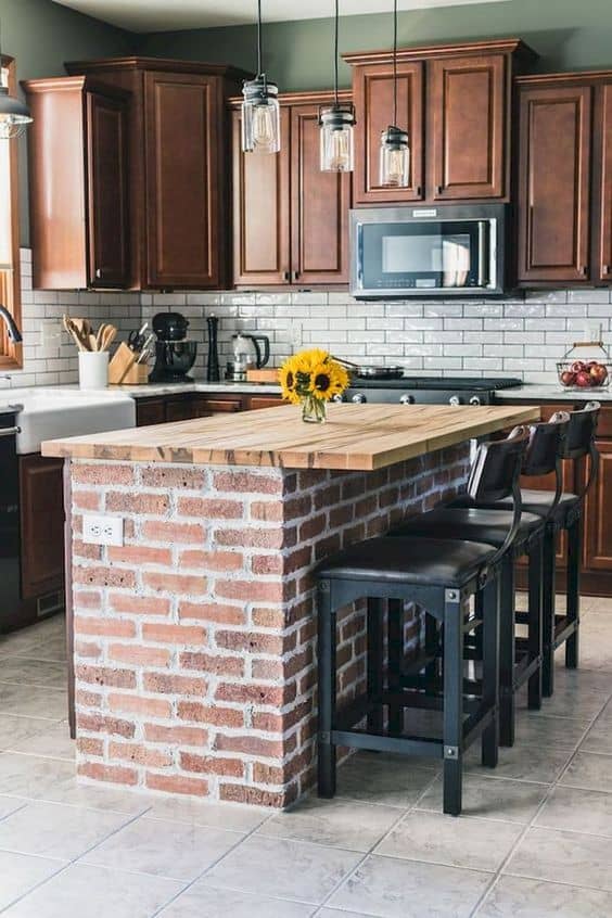 Barnwood Countertop with Brick Kitchen Island