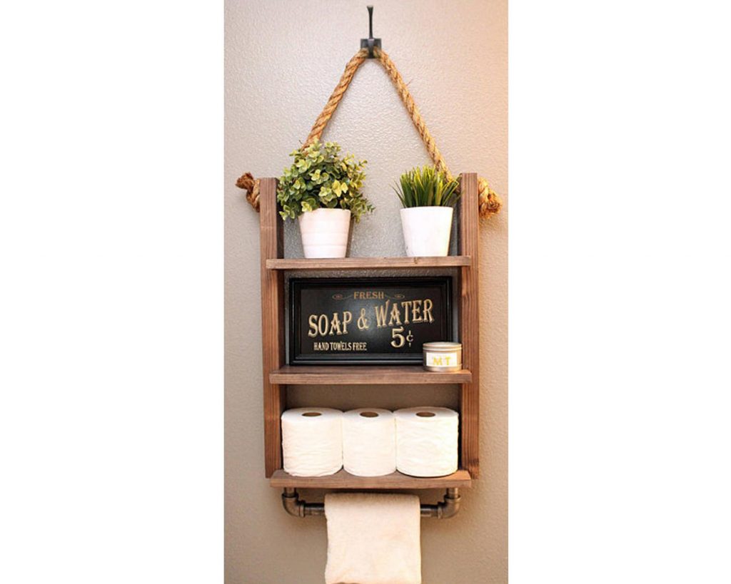 Farmhouse Bathroom Storage Shelf Decor with Industrial Towel Bar Rustic Wood Rope