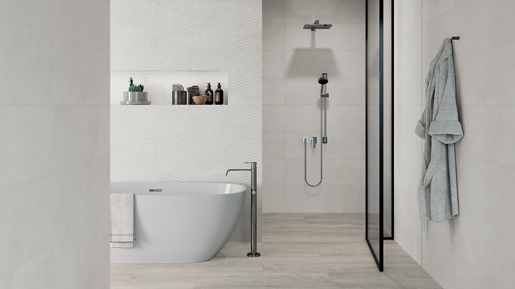 Shower And Bathroom Tiles, Bathroom With Grey Floor Tiles And White Walls