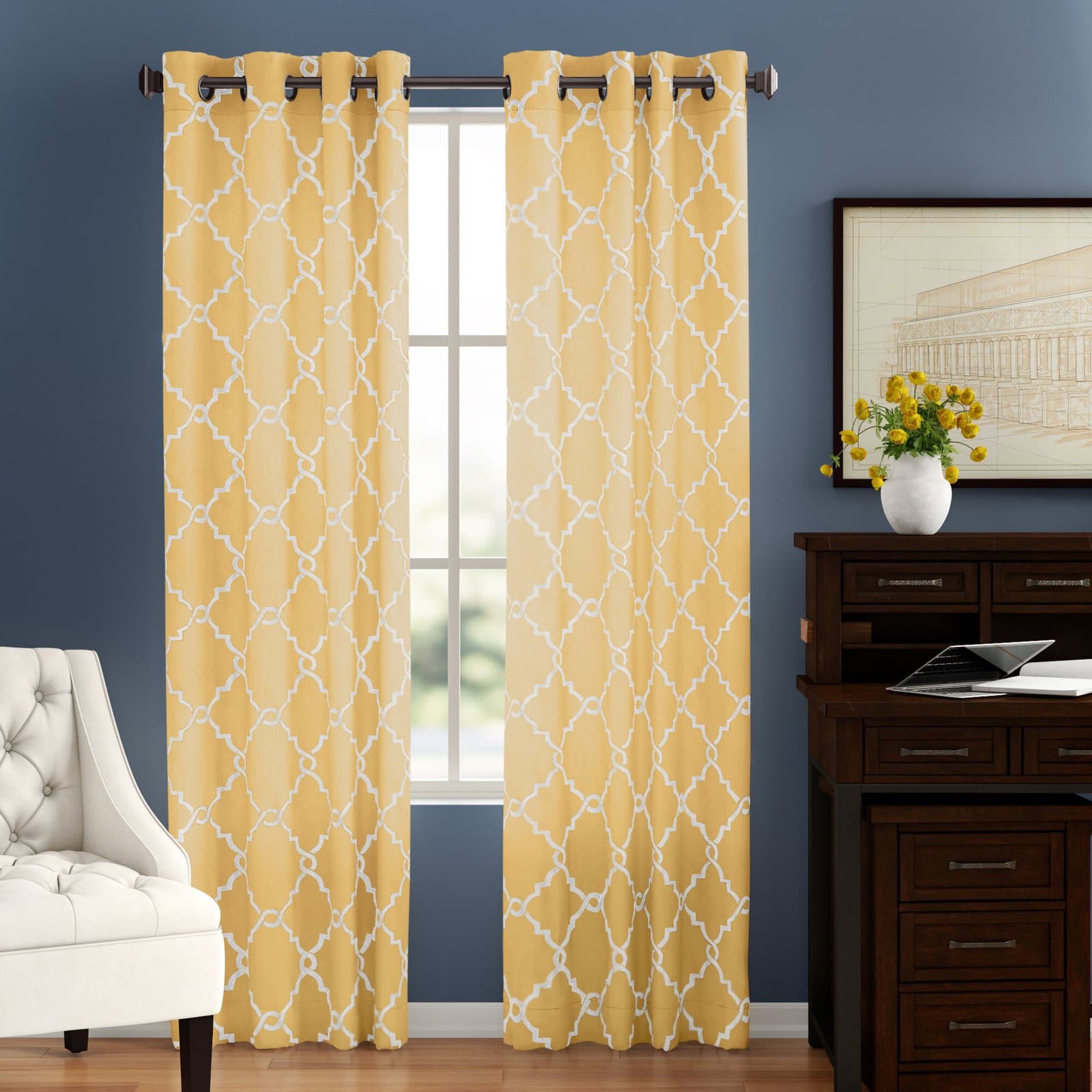 14 Zesty Lemon Yellow Curtains With Dark Blue Walls  