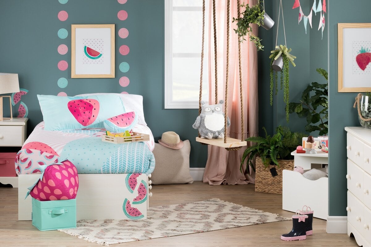 Pair Teal Walls With Blush Pink Curtains for a Playful Vibe