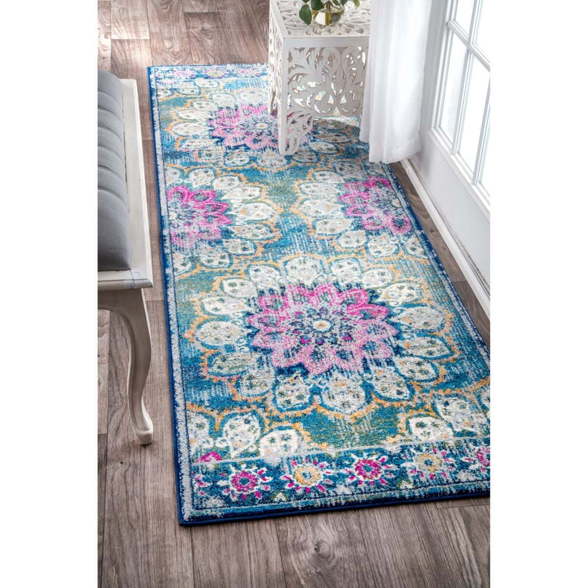 Add a Feminine Touch to a Small Entryway With This Turquoise Floral Runner Rug