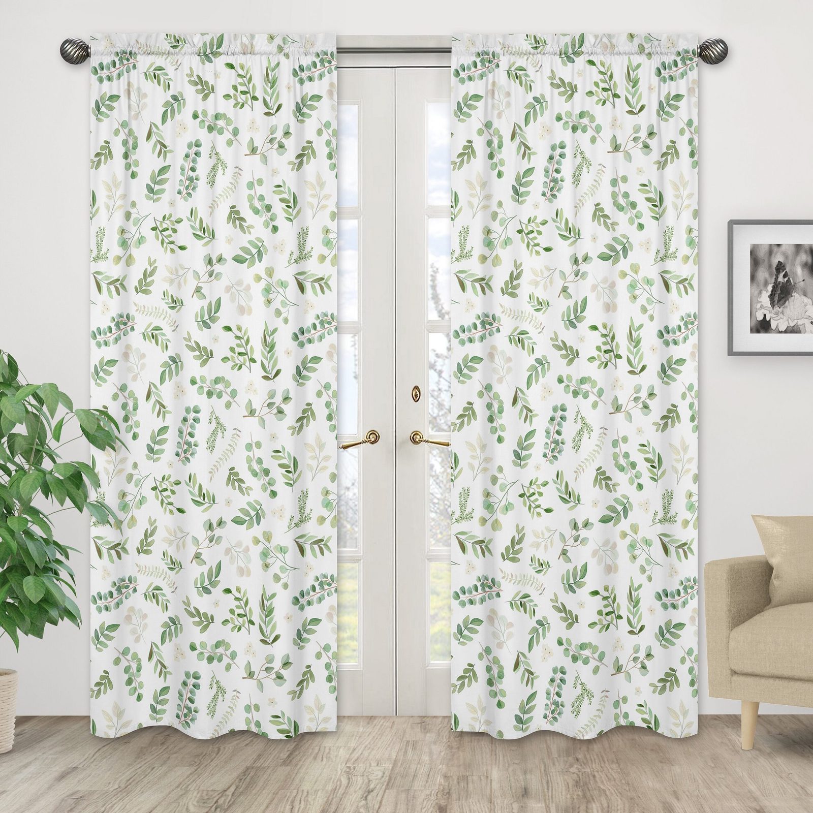 Botanical Green and White Curtains