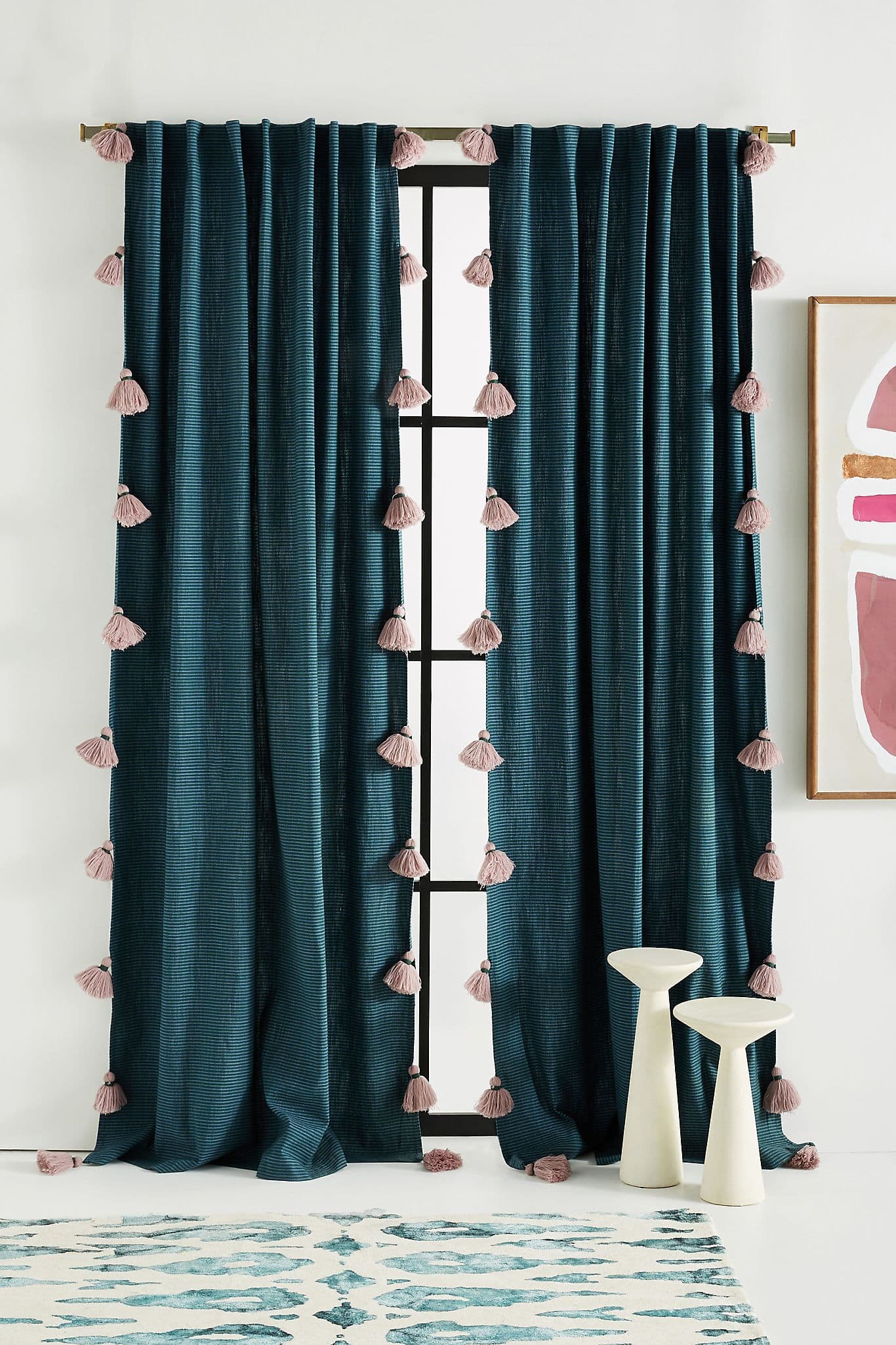 Navy Blue Curtains With Pink Tassels