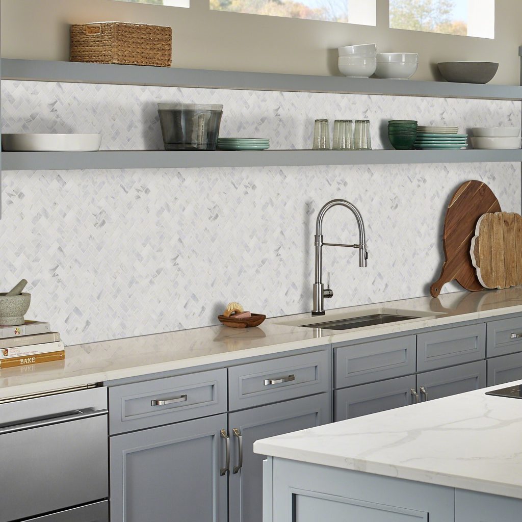 Kitchen Backsplash Ideas For White Cabinets, Grey Tile Backsplash With White Cabinets
