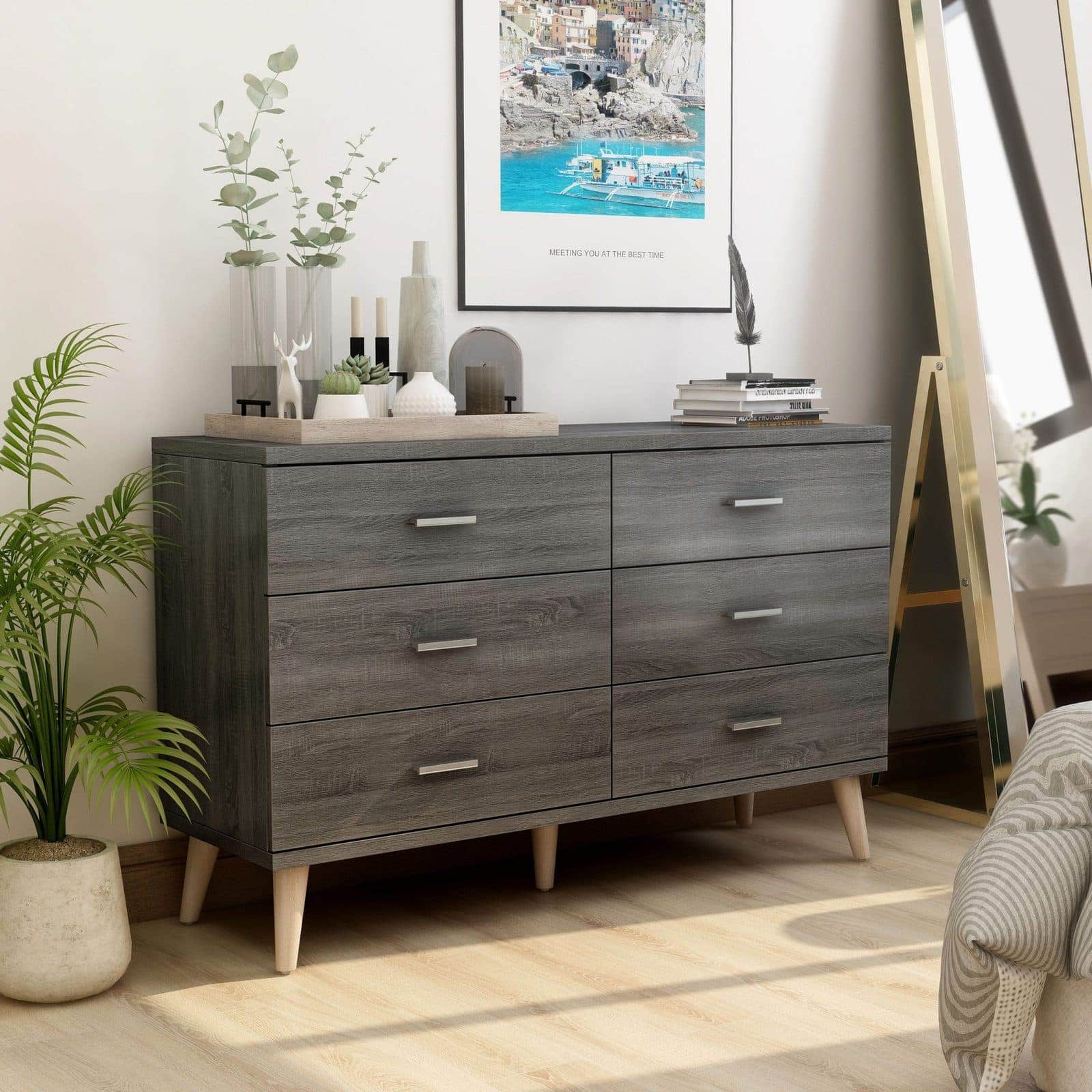 Gjovik Mid-Century Distressed Grey 6-drawer Dresser