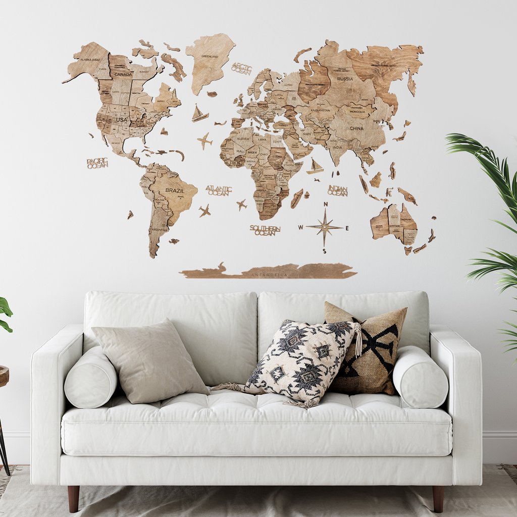 3D Wooden World Map Wall Art