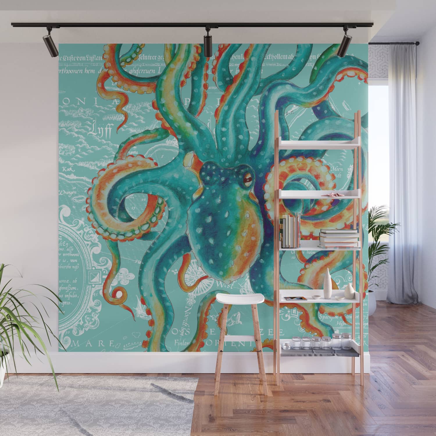 Teal Octopus Wall Mural