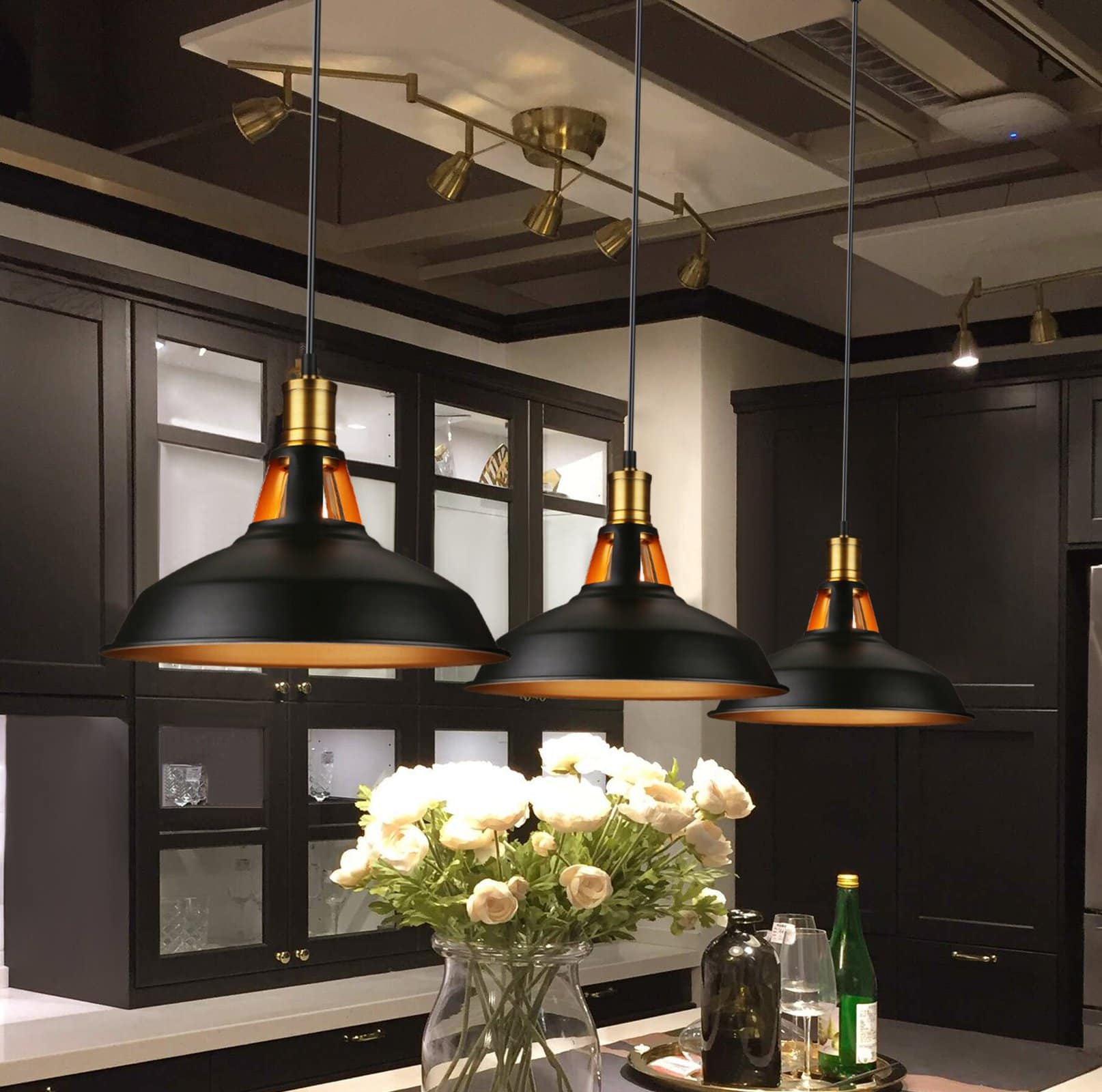 Factory Style Pendant Lights in a Basement Kitchen