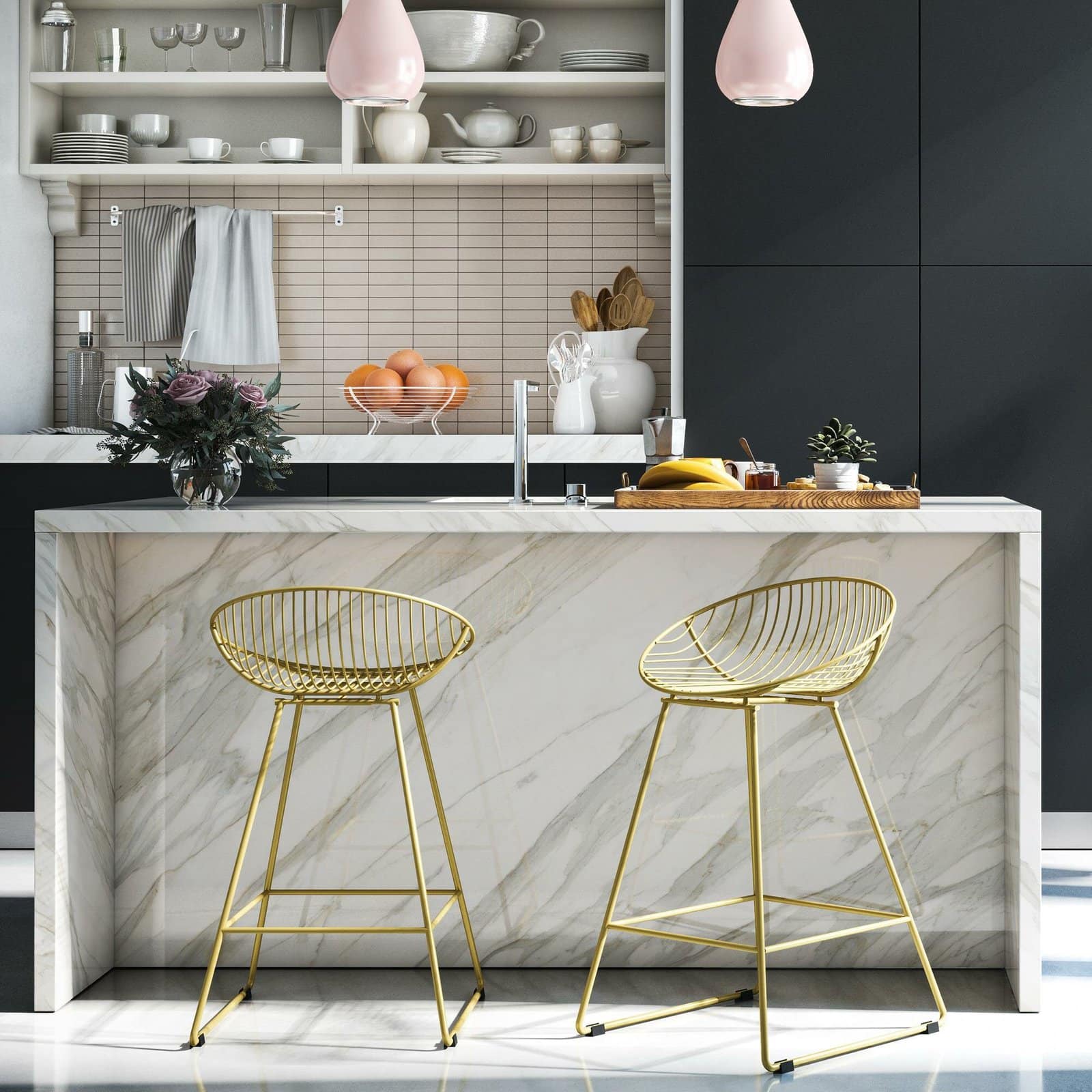 Elevate your Kitchen with Brushed Gold Wire Kitchen Island Bar Stools