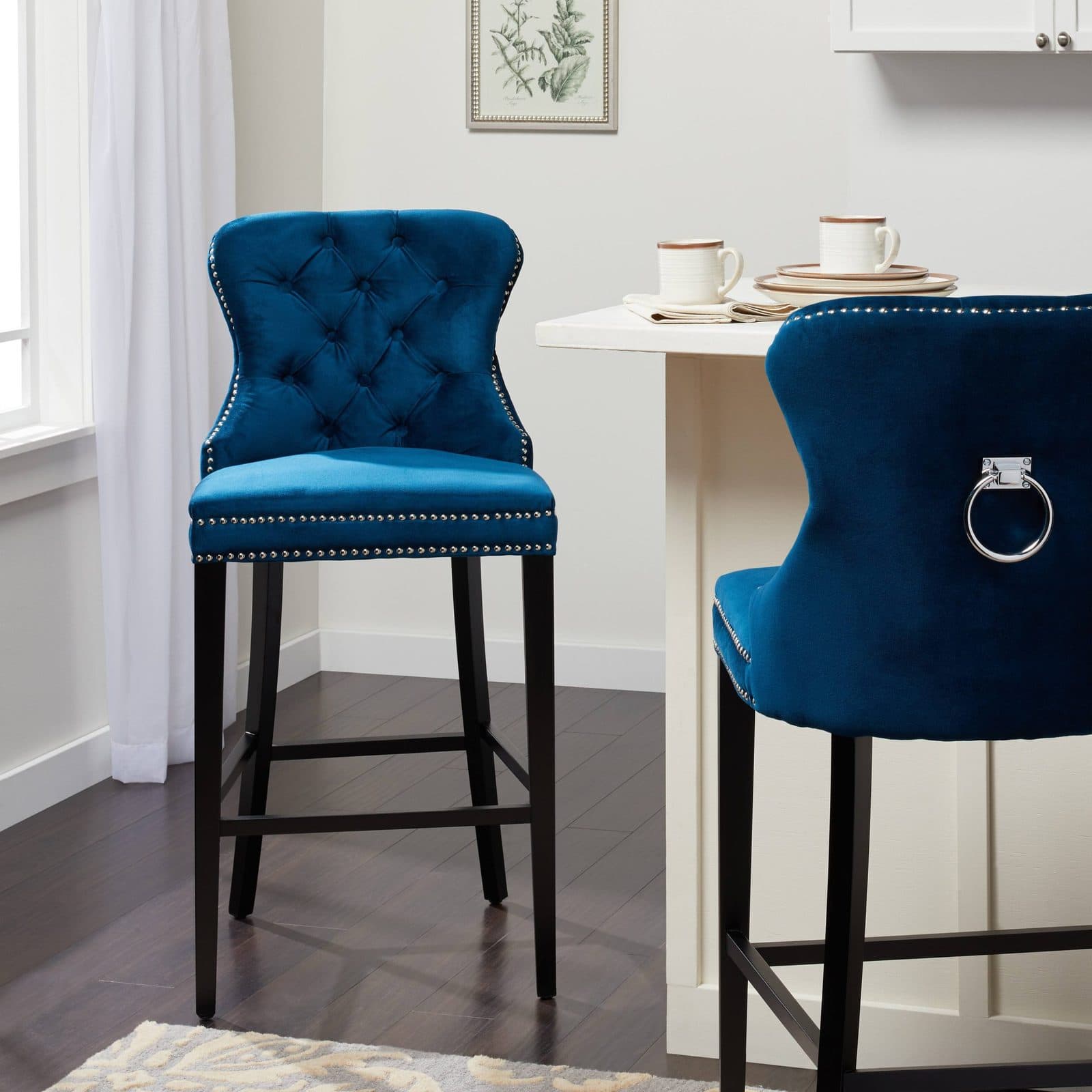 Glam Blue Velvet High Chairs for Kitchen Islands