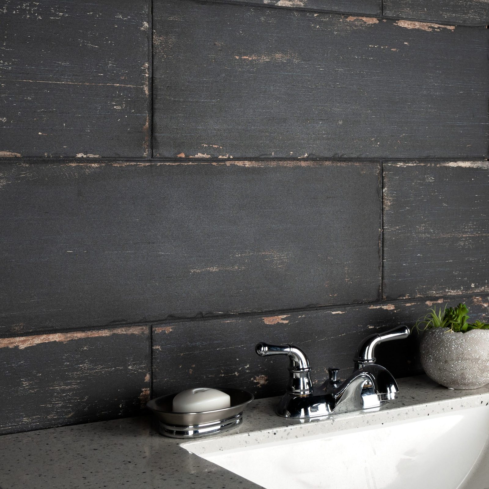 Aged Black Porcelain Kitchen Backsplash