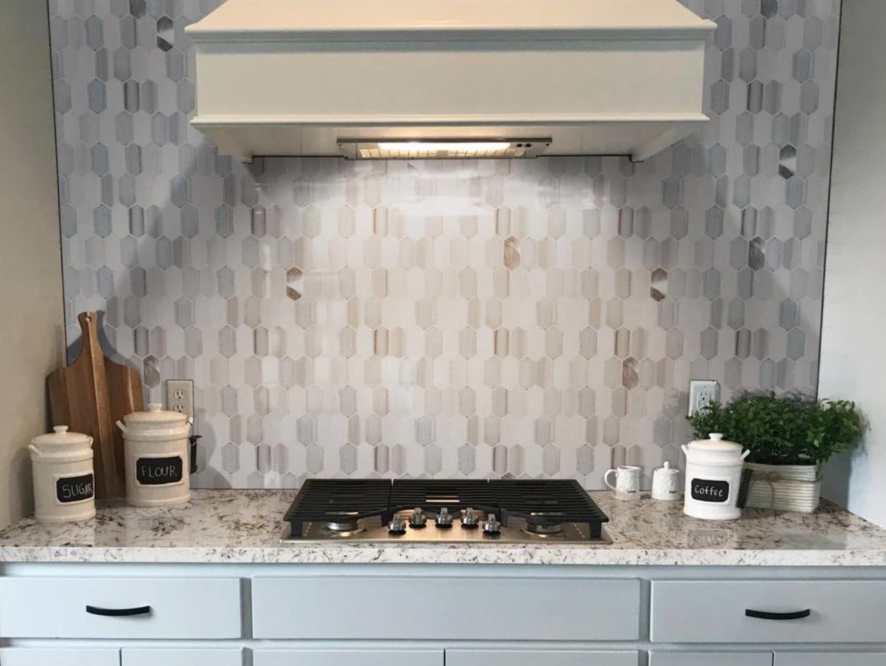 Blend Modern and Rustic with this Neutral Geometric Tile Backsplash