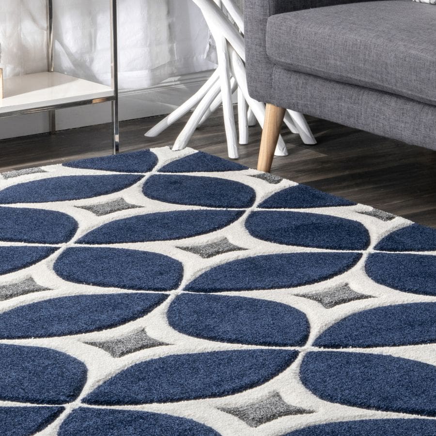 Add a Navy Trellis Print Rug with Denim Sofa