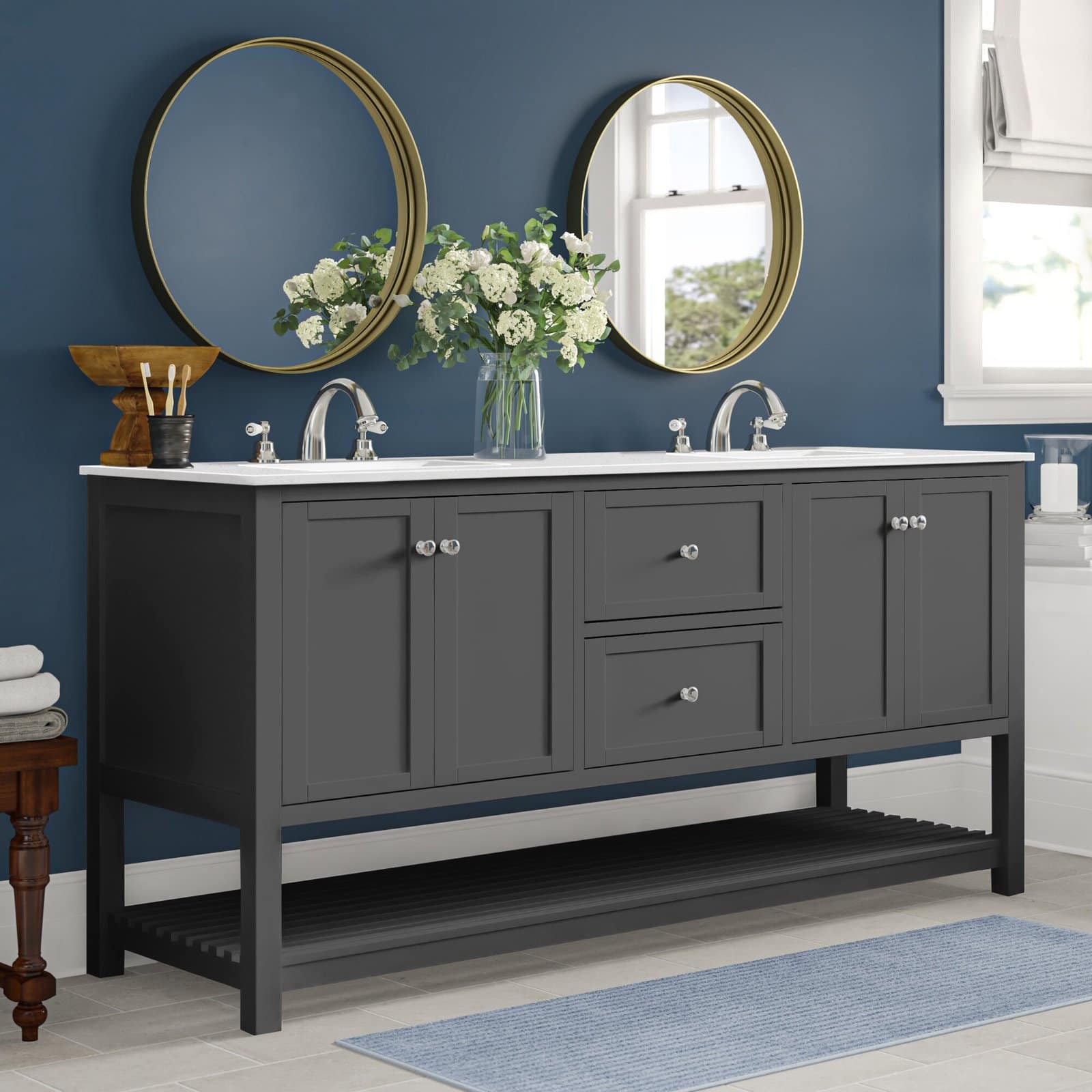 Grey and Blue Bathroom With Gold Accents
