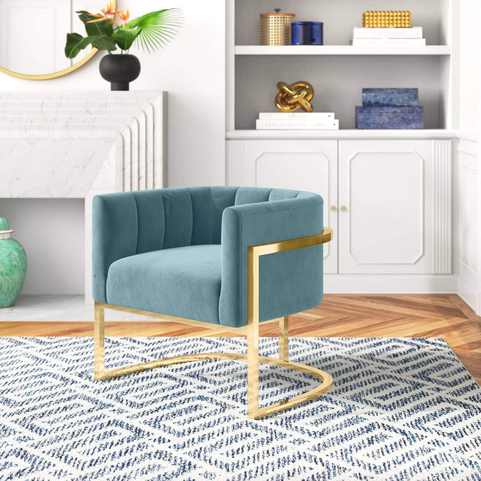 Sea Blue and Gold Glam Accent Chair