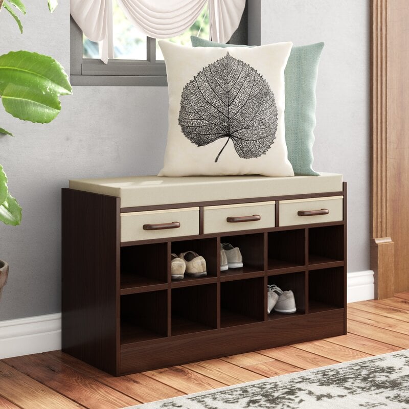 Dark Rich Wood Cabinet with Drawers and Cushion