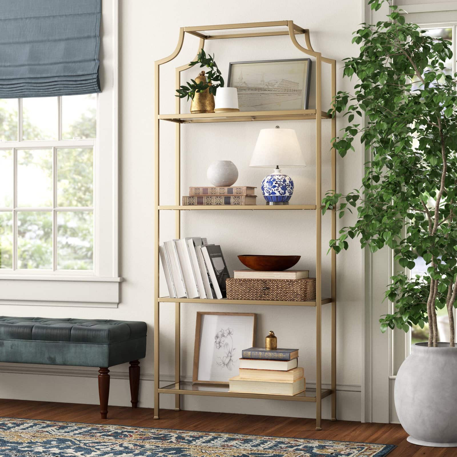 Gold Metal and Glass Bookcase
