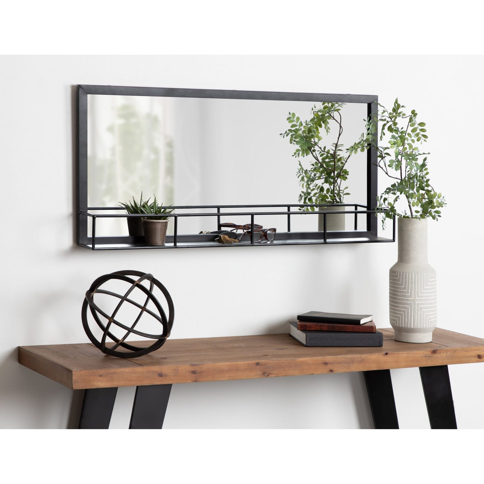 Metal Framed Entryway Mirror With Shelf