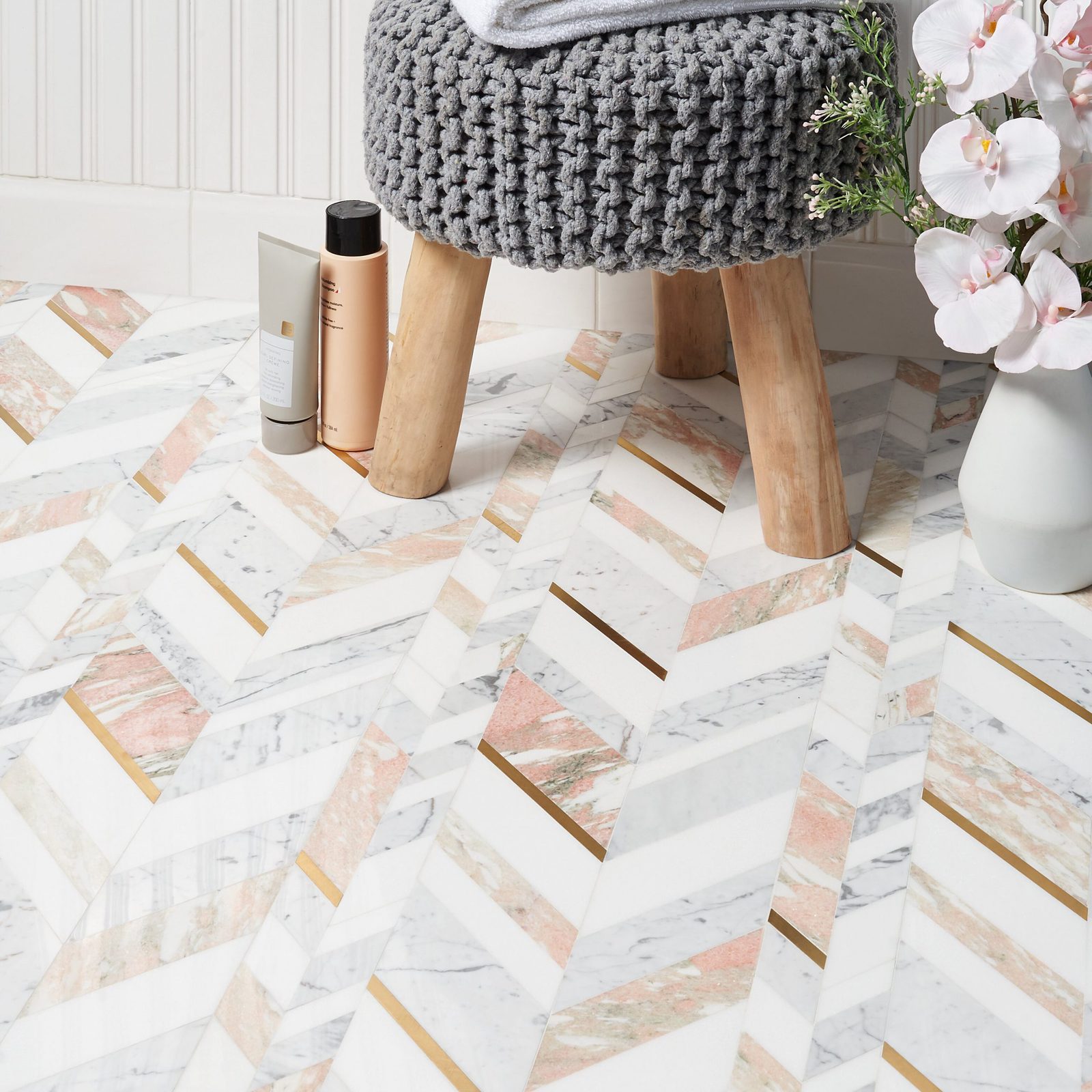 Pink and Grey Marble Chevron Tiles
