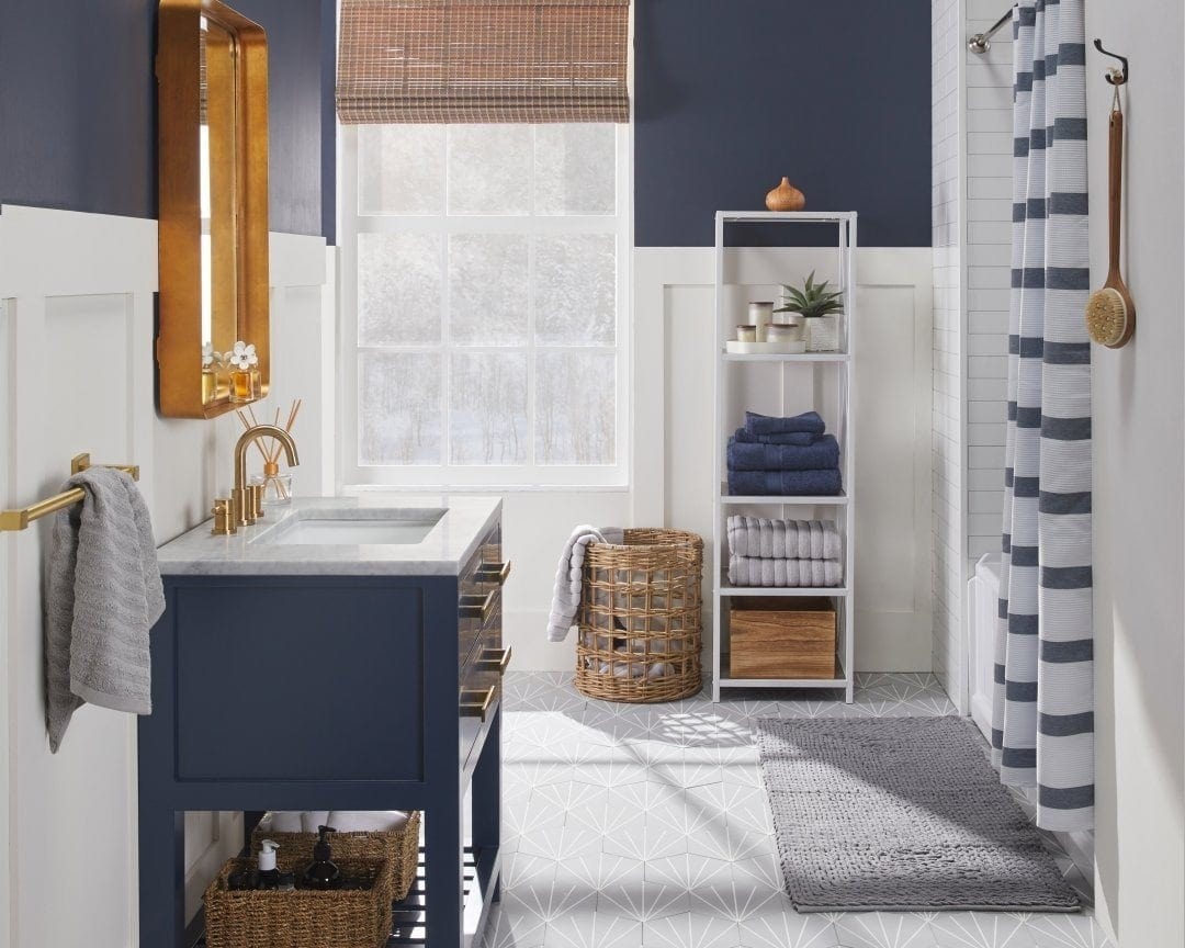 Grey Floor Tiles with Navy Blue Walls