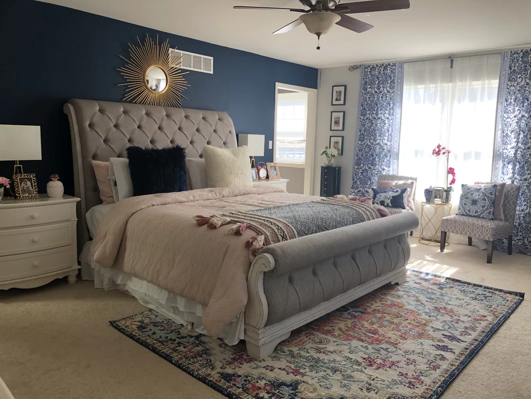 Transitional Blue and Gold Bedroom