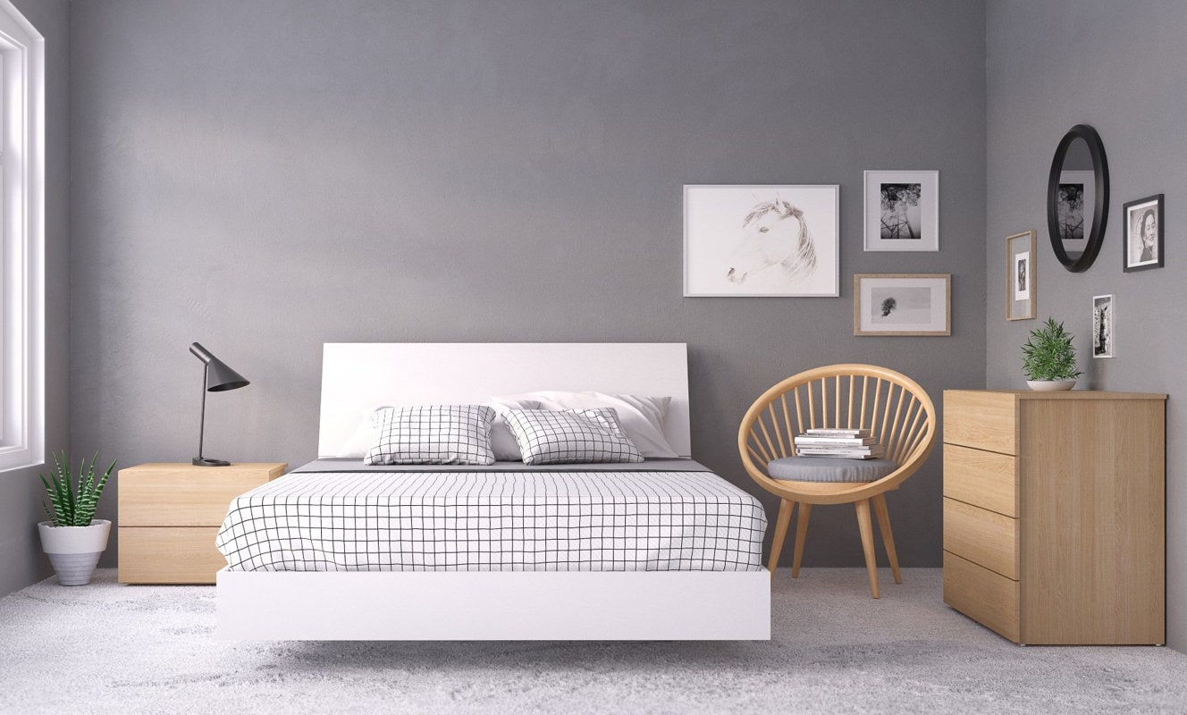Dormitorio gris y blanco