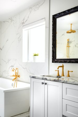 White Bathrooms with Gold Fixtures